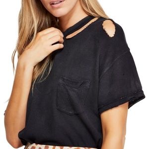 Free People Lucky Distressed Tee in Black